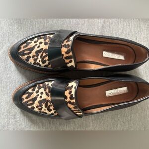 Halogen Black Leather Loafers with Leopard Print
